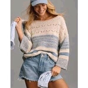 Pilcro Anthropologie Open-Stitch Sweater Tee in Cream Blue Women's Size Medium